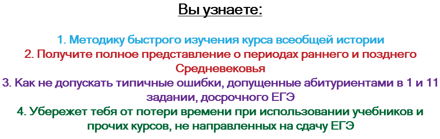 Вы узнаете: 1. Методику быстрого изучения курса всеобщей истории
2. Получите полное представление о периодах раннего и позднего Средневековья
3. Как не допускать типичные ошибки, допущенные абитуриентами в 1 и 11 задании, досрочного ЕГЭ
4. Убережет тебя от потери времени при использовании учебников и прочих курсов, не направленных на сдачу ЕГЭ